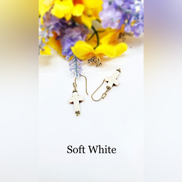 Small Turquoise or Soft White Cross Dangle Earrings, 1 3/8” Long, NWT, Gift Box - Picture 3 of 6